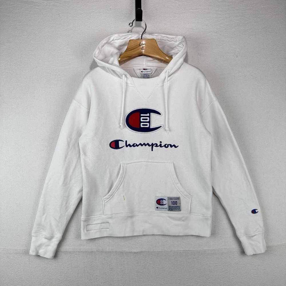 Champion White Century Collection C100 Chenille Logo Hoodie Men's Small *Read